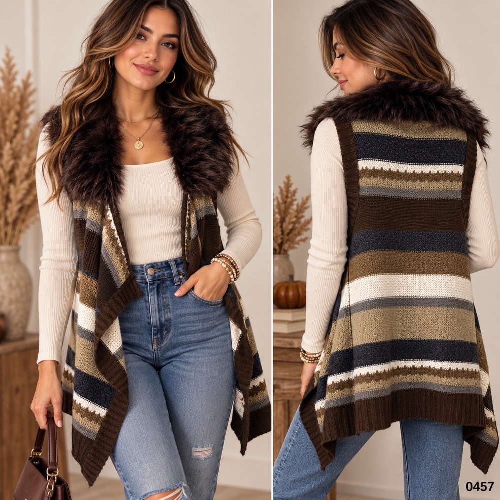 Rxb Womens M Striped Faux Fur Collar Sweater Vest Brown Khaki White Grey
